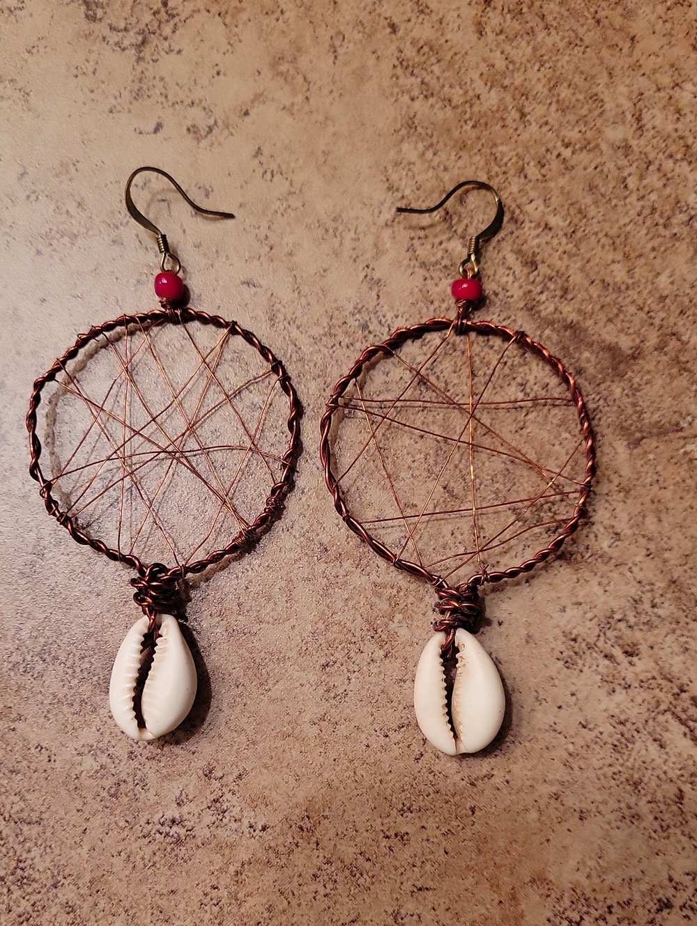 Handcrafted Copper Dreamcatcher Shell Drop Earrings w/Red Bead